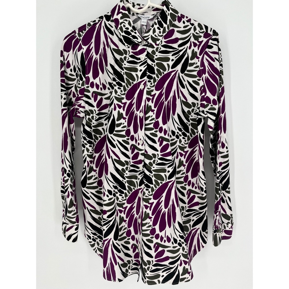 CHICO'S Painted Plumes Tunic Women 0.5 Small African Violet No Iron Stretch Top